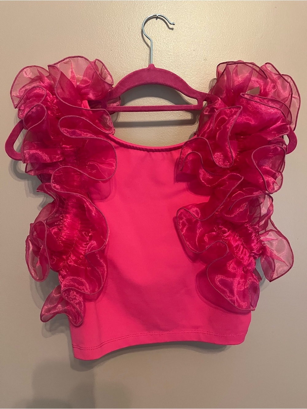 Women's Hot Pink Ruffle Organza Sleeve Tank Top